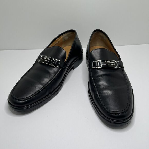 BALLY Black Leather Loafers Dress Shoes Silver Buckle Logo Men’s Size 8 D RARE main image 7